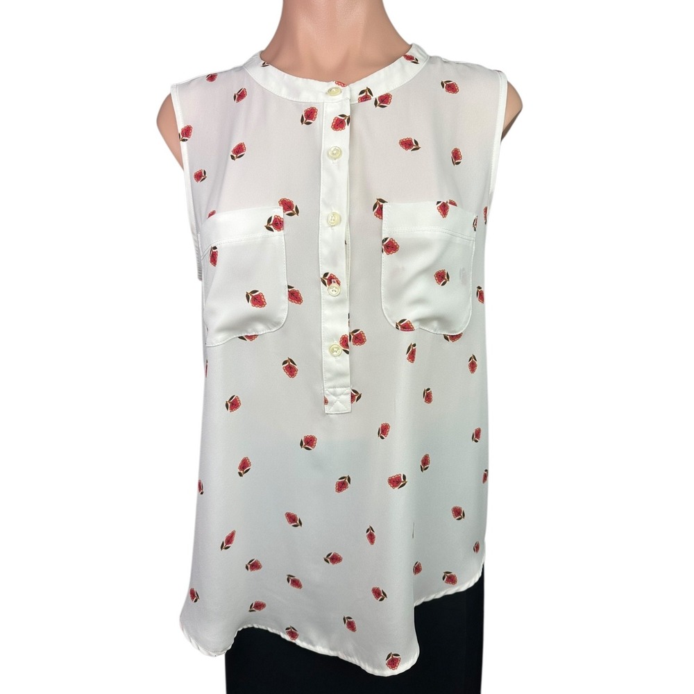 Loft Sleeveless Pullover Top Blouse Size M White w Tiny Red Flower